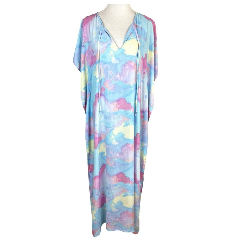 Buddy Love Maxi Caftan Dress Womens S/M Blue Pink Abstract Lined Boho Resort